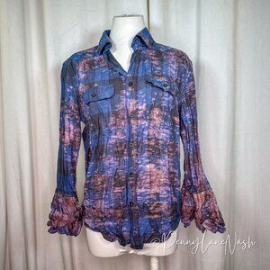 Angry Minnow Vintage Distressed Plaid Ornate Flared Sleeves Shirt